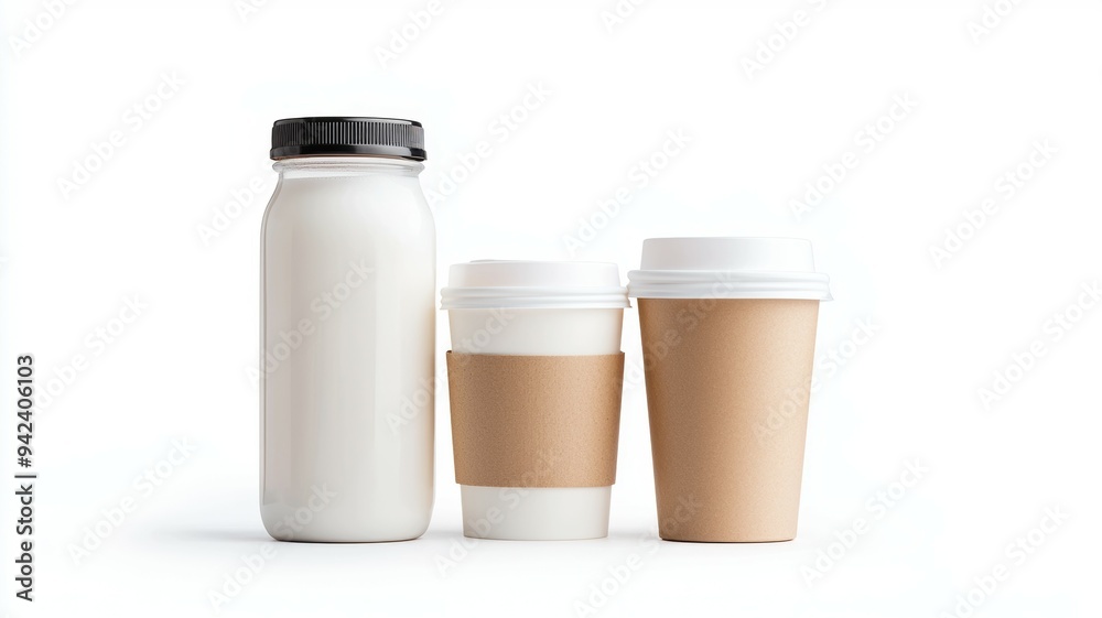 A white jar of milk sits next to two paper cups A white jar of milk sits next to two paper cups