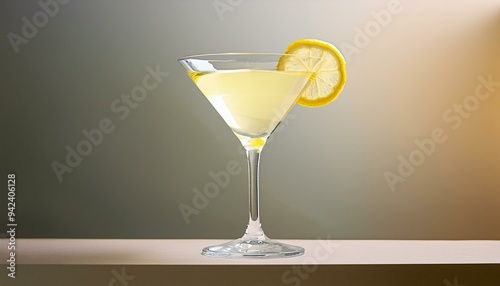 A stylish martini glass containing a pale yellow liquid, garnished with a lemon twist, on a 