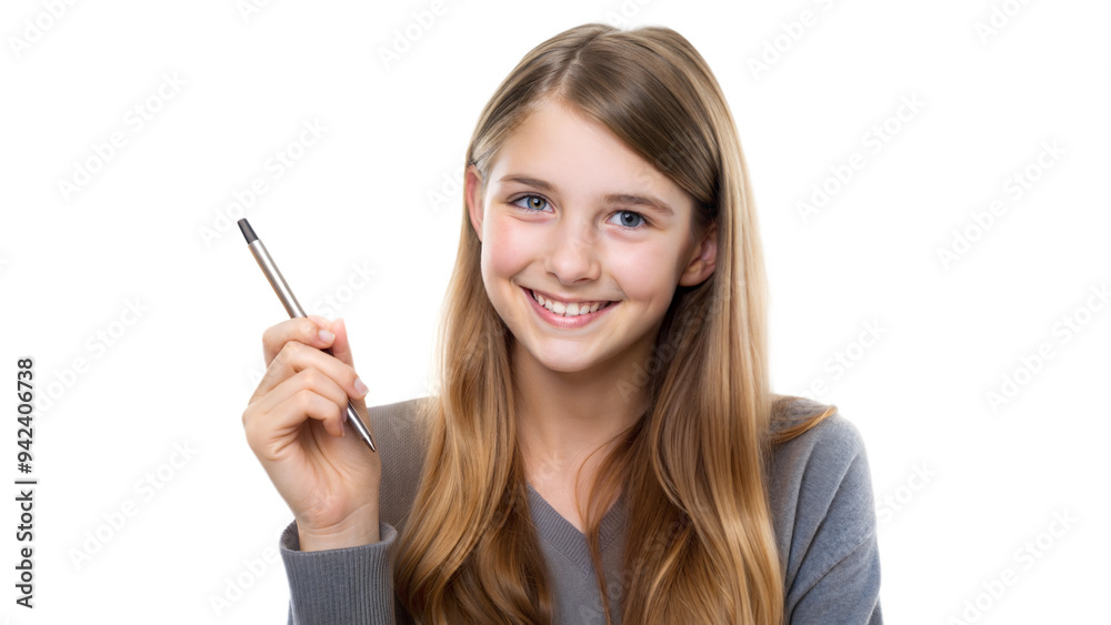 Smiling young woman holding a pen, ready to write Smiling young woman holding a pen, ready to write