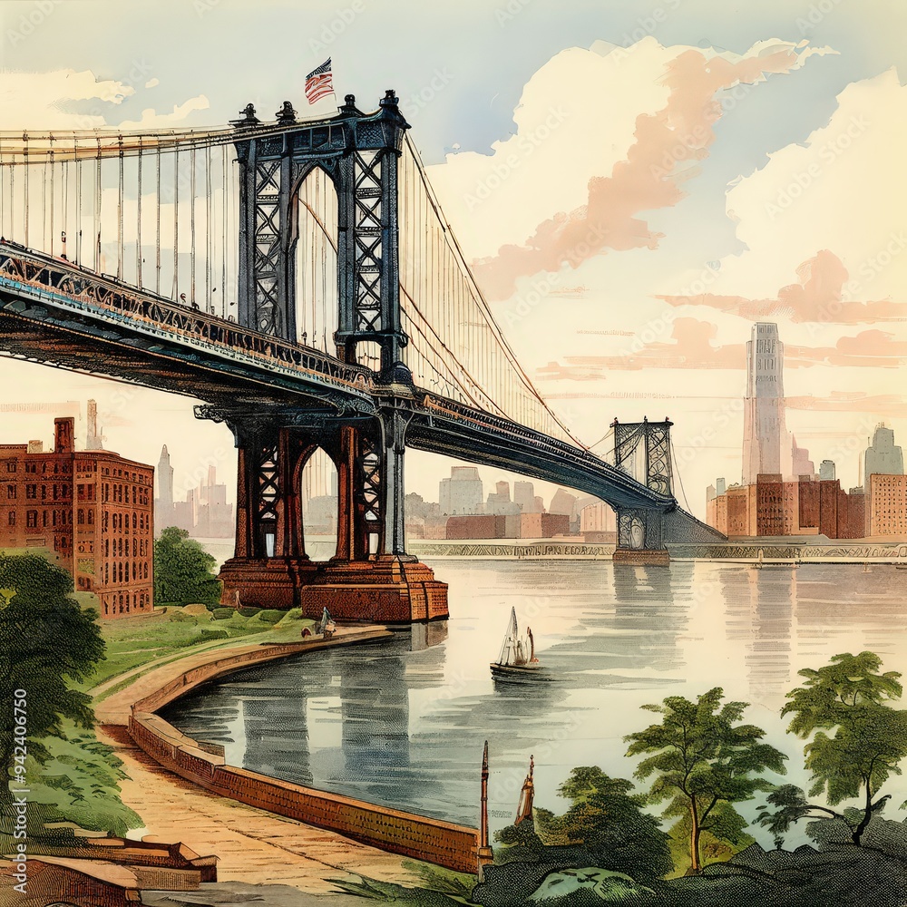 Fototapeta premium the AI Image Generator, Manhattan Bridge from Brooklyn Bridge