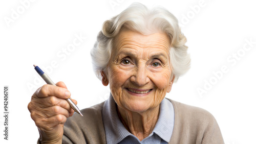 Happy elderly woman holding a pen, ready to write something important photo