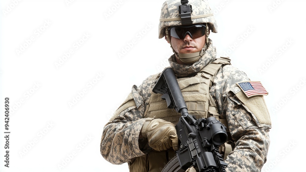 A soldier in a camouflage uniform stands in front of a white background A soldier in a camouflage uniform stands in front of a white background