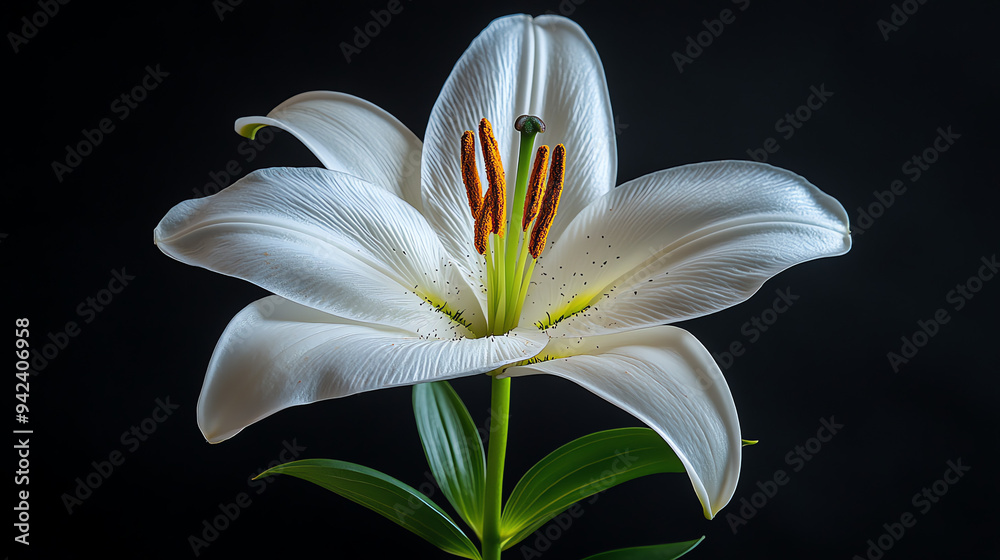 White Lily with Orange Stamens on Dark Floral Background White Lily with Orange Stamens on Dark Floral Background