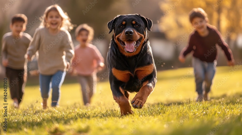 Fototapeta premium Energetic Rottweiler Playing with Children in a Sunny Backyard, Joyful Interaction, Fun and Laughter, Strong Dog with Glossy Black and Tan Coat, Kids Enjoying Playtime in a Lively Outdoor Setting