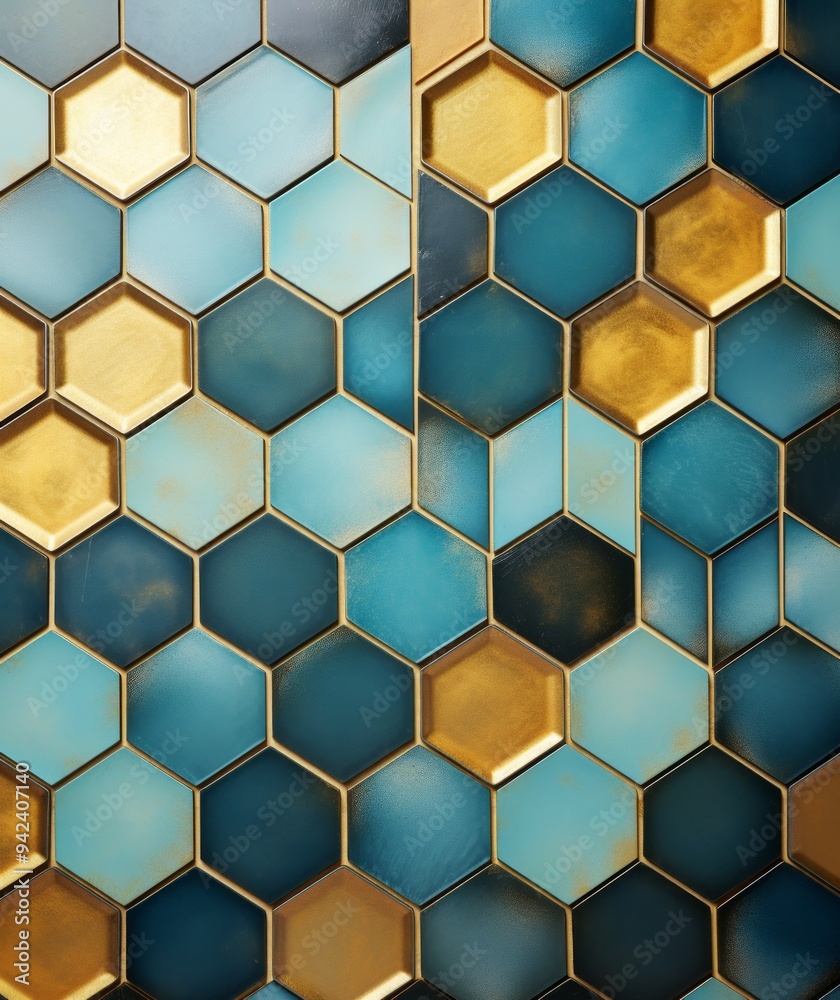 Hexagonal Impressions Blue and Grey Tiles with Turquoise and Gold Accents Hexagonal Impressions Blue and Grey Tiles with Turquoise and Gold Accents