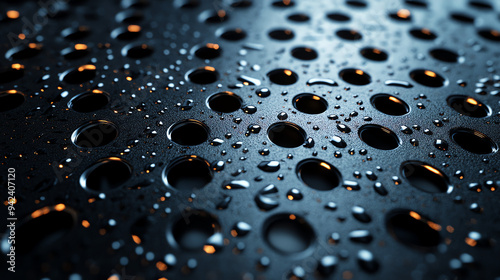 Dark metal surface with many round holes, covered in water droplets.

 photo