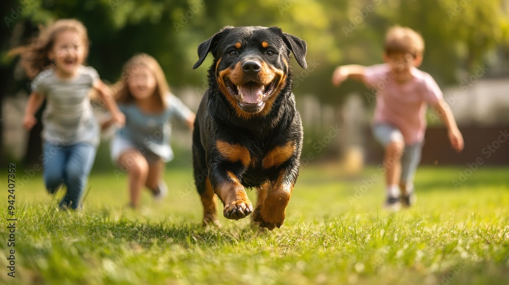 Energetic Rottweiler Playing with Children in a Sunny Backyard, Joyful Interaction, Fun and Laughter, Strong Dog with Glossy Black and Tan Coat, Kids Enjoying Playtime in a Lively Outdoor Setting Energetic Rottweiler Playing with Children in a Sunny Backyard, Joyful Interaction, Fun and Laughter, Strong Dog with Glossy Black and Tan Coat, Kids Enjoying Playtime in a Lively Outdoor Setting