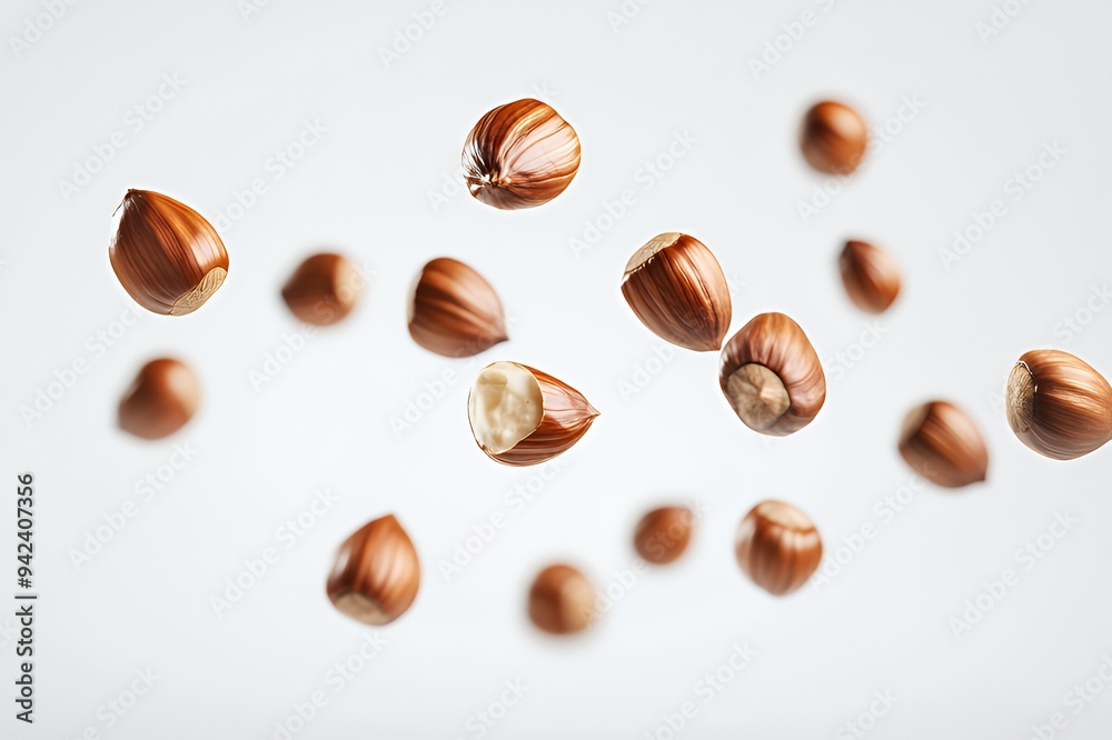 A collection of hazelnuts floating against a light background. A collection of hazelnuts floating against a light background.