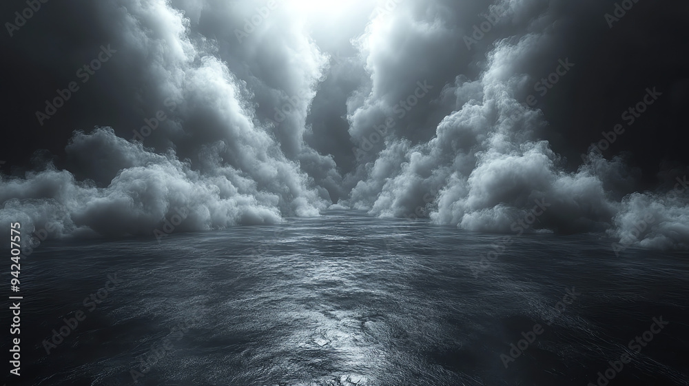 Dark, stormy clouds fill the sky, above a flat, gray surface.
Dark, stormy clouds fill the sky, above a flat, gray surface.