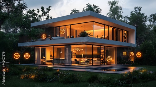 Modern house with illuminated rooms surrounded by greenery and smart home icons.