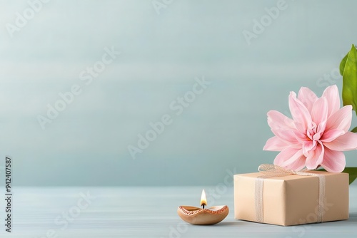 A serene Diwali scene featuring a beautifully wrapped gift placed before a glowing diya photo