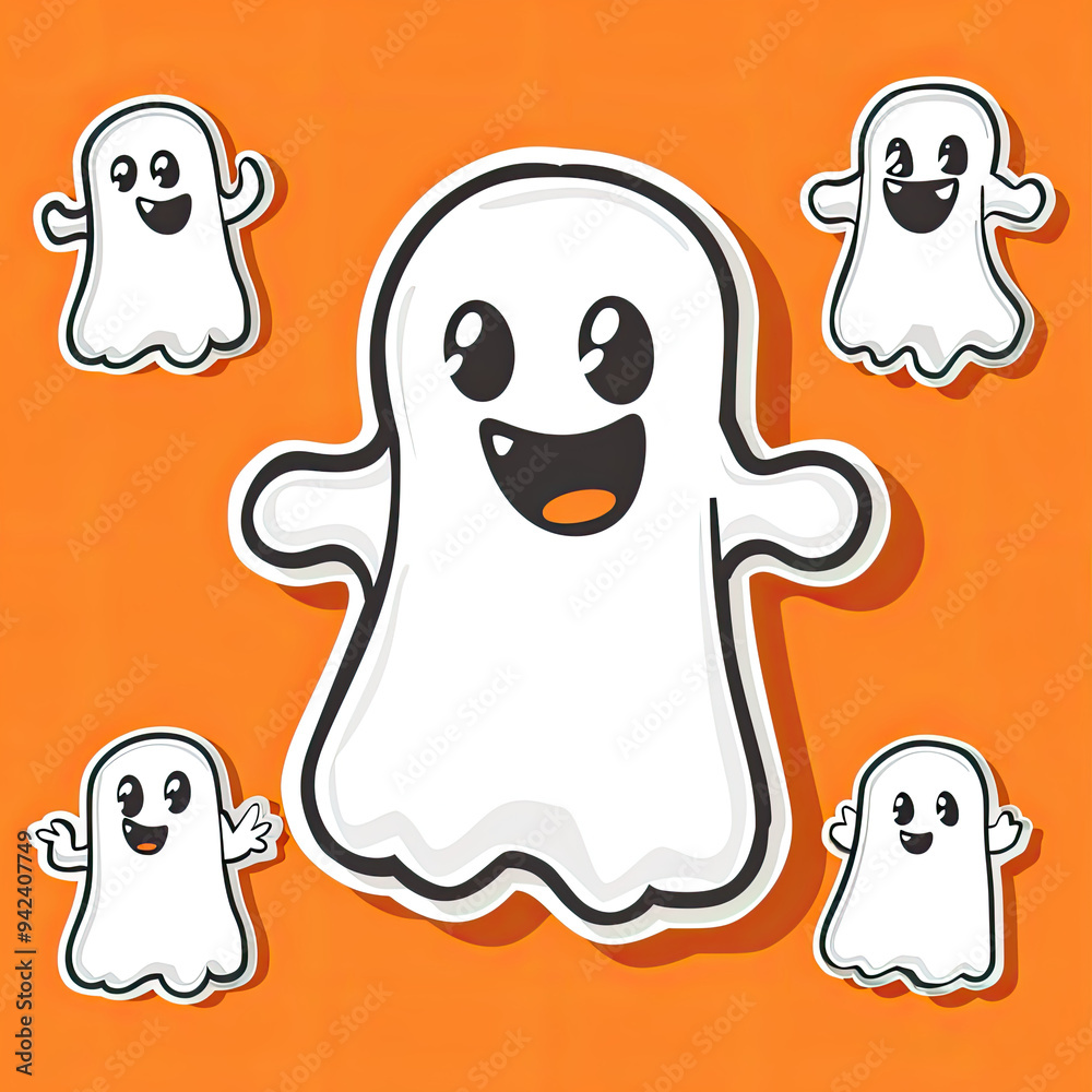 Cute happy white ghost sticker clipart pattern on orange background vector. Colorful doodle design for wallpaper, kids fabric and print. Vector illustration. Cute happy white ghost sticker clipart pattern on orange background vector. Colorful doodle design for wallpaper, kids fabric and print. Vector illustration.