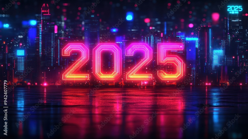 Neon 2025 Sign Over a Futuristic City Skyline Neon 2025 Sign Over a Futuristic City Skyline
