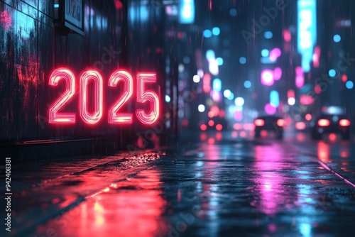 Neon Sign of 2025 Reflecting on a Wet City Street