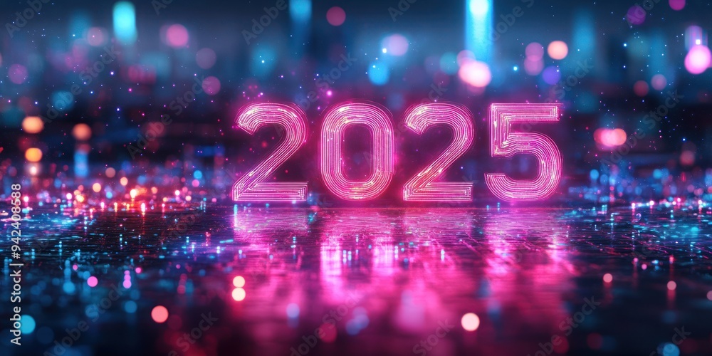Neon Pink 2025 Sign on a Glittering Surface