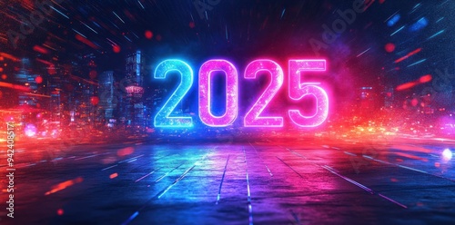 Neon 2025 Sign Over Cityscape with Lights and Streaks