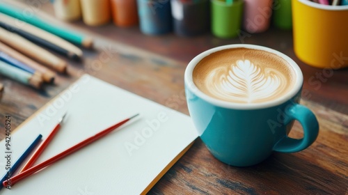 A creative workspace featuring a blue coffee cup with latte art, paintbrushes, and colored pencils on a wooden desk..