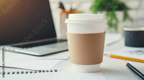 A white desk with a disposable coffee cup, laptop, notepad, and pencils, creating a clean and organized office setup..