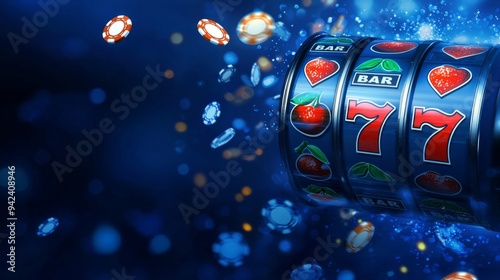 Slot machine Isolated on dark blue background. Online Casino slots banner concept. Lucky triple sevens. Gambling illustration.