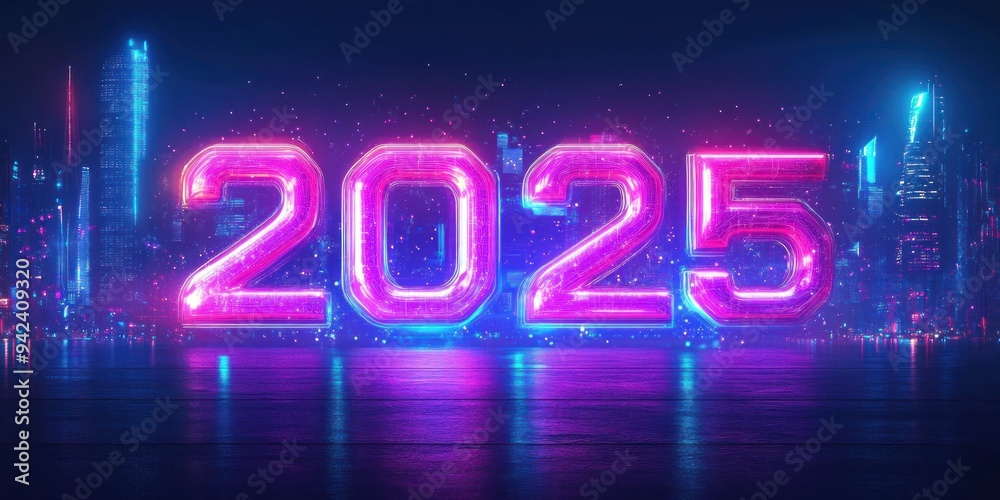 Neon 2025 Cityscape with Water Reflection
