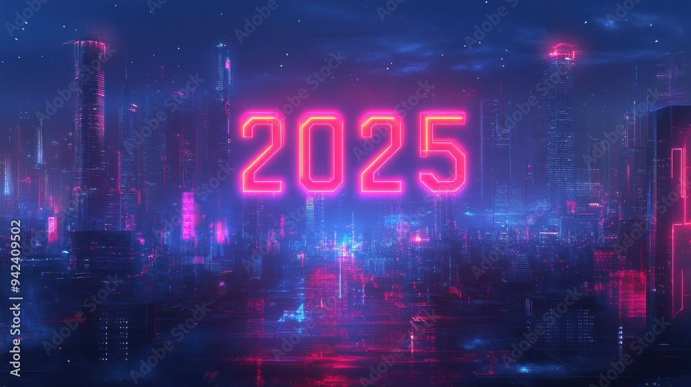 Neon 2025 Sign Over Futuristic Cityscape at Night Neon 2025 Sign Over Futuristic Cityscape at Night