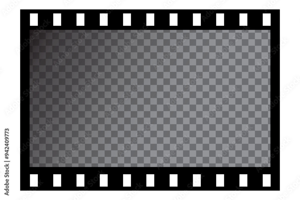 Film strip icon. Transparent checkered background. Black rectangular border. Cinematic frame element. Film strip icon. Transparent checkered background. Black rectangular border. Cinematic frame element.