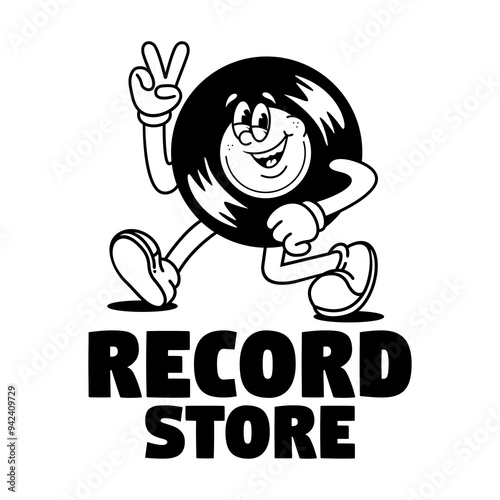 Funny cartoon character of a vinyl recorded. Can be used as Sticker, posters, prints. Retro cartoon style. Vector illustration