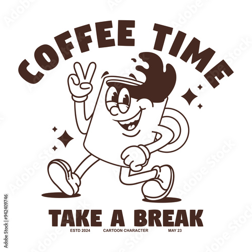 Funny cartoon character of a cup coffee. Can be used as Sticker, posters, prints. Retro cartoon style. Vector illustration