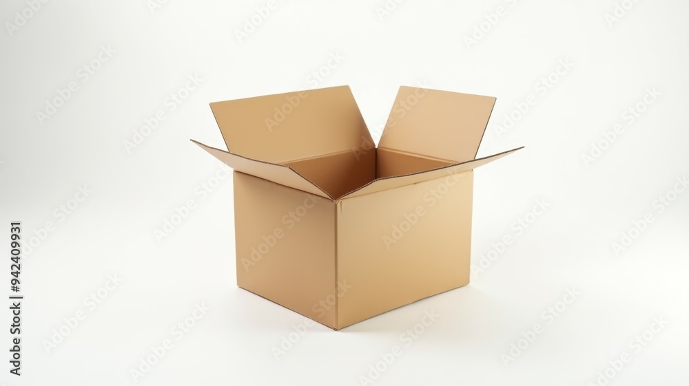 A cardboard box is open and sitting on a white background A cardboard box is open and sitting on a white background
