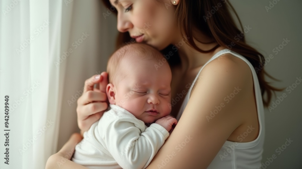 A woman is holding a sleeping baby in her arms A woman is holding a sleeping baby in her arms