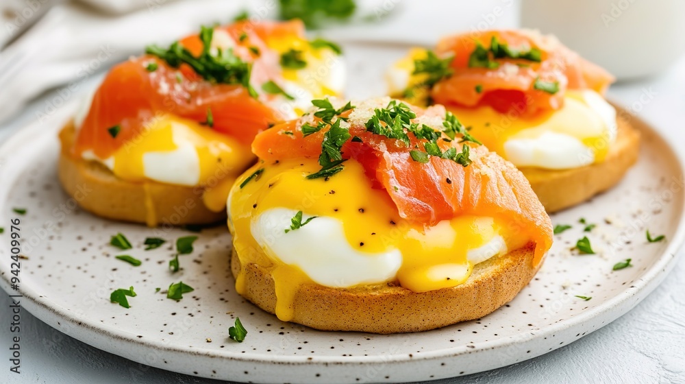Eggs Benedict with Smoked Salmon and Hollandaise Sauce on English Muffin: A Perfect Brunch or Breakfast Dish Featuring Classic Flavors and Elegant Presentation Eggs Benedict with Smoked Salmon and Hollandaise Sauce on English Muffin: A Perfect Brunch or Breakfast Dish Featuring Classic Flavors and Elegant Presentation