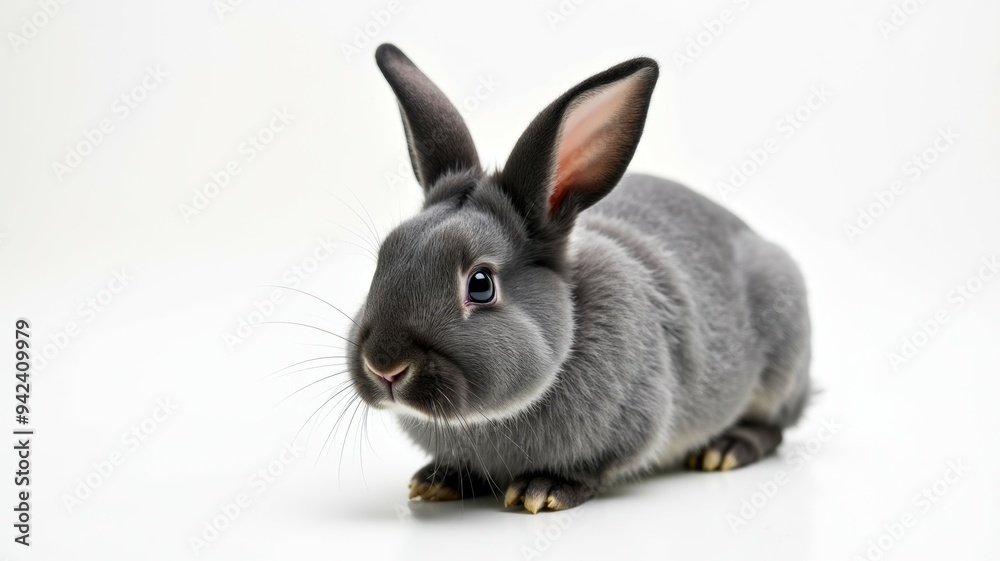 Obraz premium A gray rabbit is standing on a white background