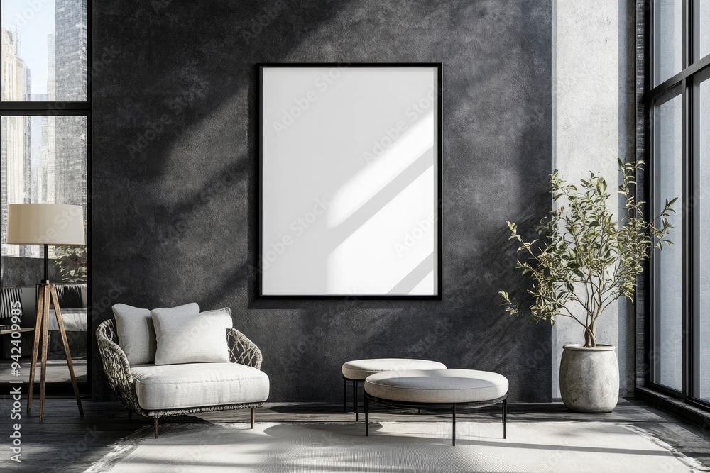 Modern dark loft living room interior with blank poster frame mockup on grey wall with generative ai Modern dark loft living room interior with blank poster frame mockup on grey wall with generative ai