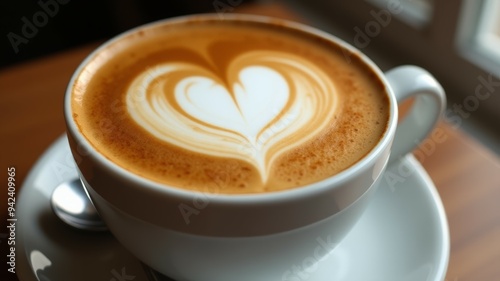 A cup of coffee with a heart design on it