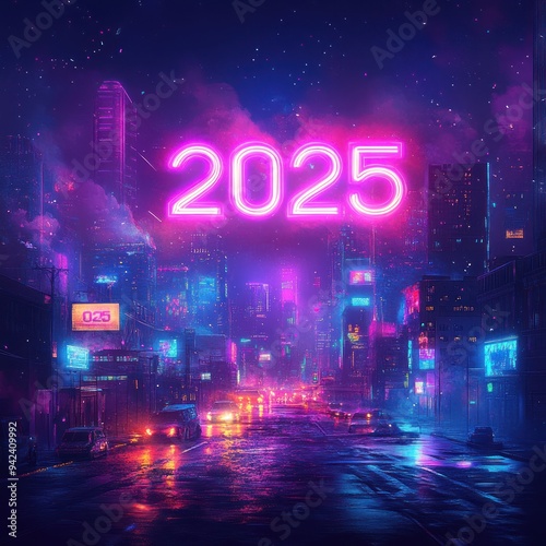 Neon Cityscape with 2025 Sign photo