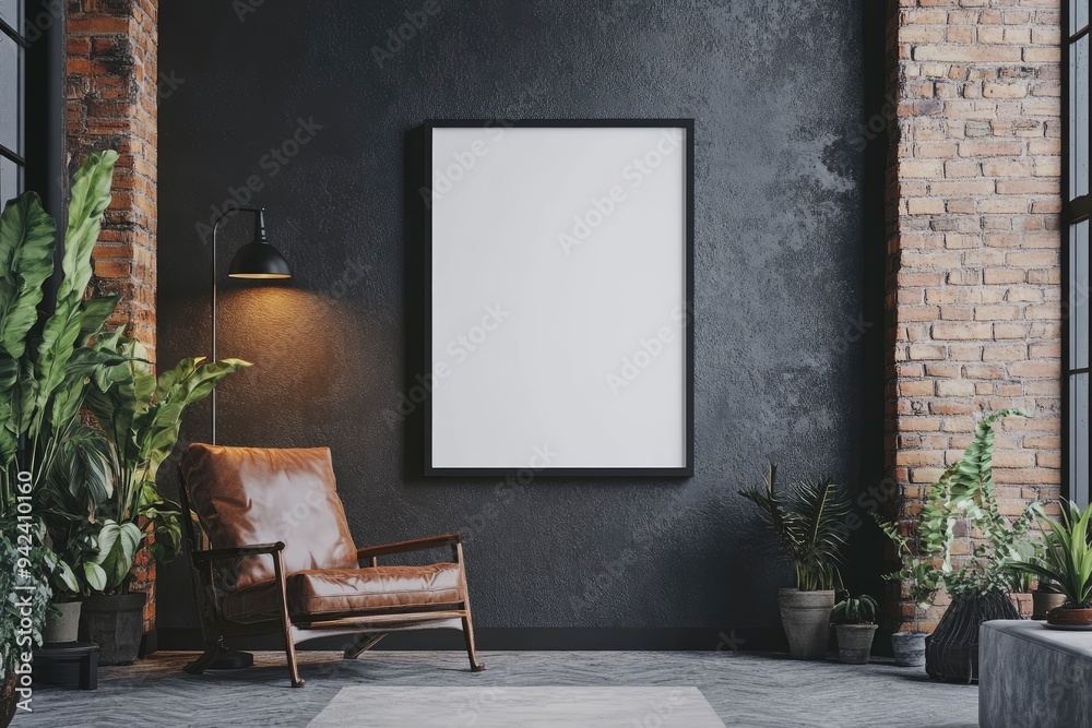 Fototapeta premium Modern dark loft living room interior with blank poster frame mockup on grey wall with generative ai
