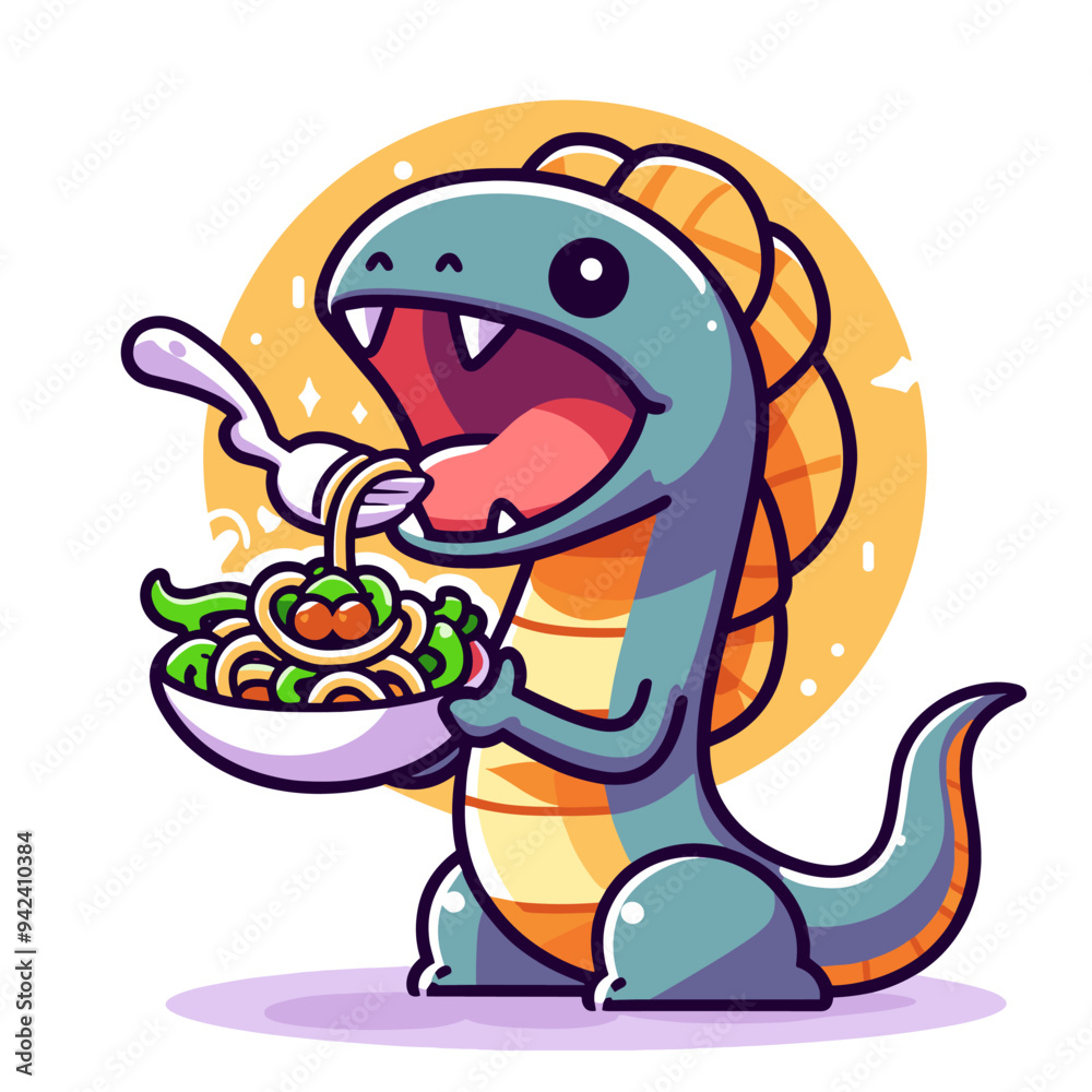A cartoon dinosaur is eating a bowl of noodles. The dinosaur has a big mouth and is holding a fork A cartoon dinosaur is eating a bowl of noodles. The dinosaur has a big mouth and is holding a fork