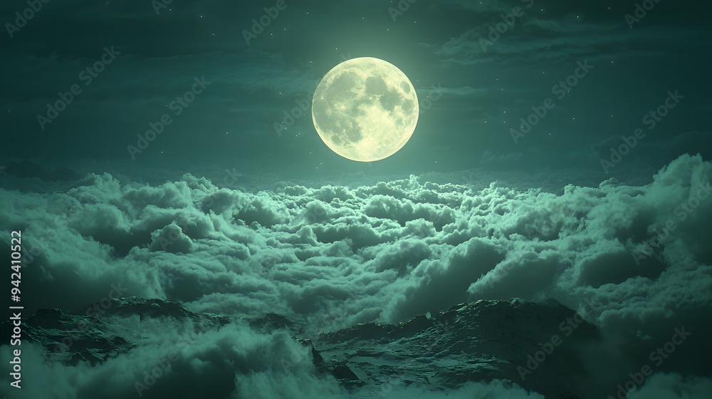 Fototapeta premium Full Moon Above the Clouds: A ethereal, dreamlike image of a luminous full moon bathed in soft green light, floating above a sea of billowing clouds. The serene and mysterious scene evokes a sense of