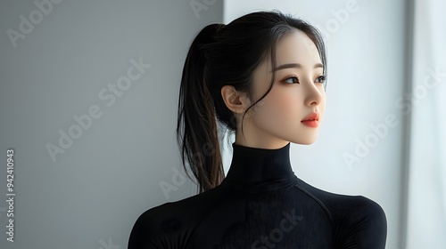 Elegant Woman Gazing Through Window: A captivating portrait of a stylish woman with dark hair pulled back in a sleek ponytail, wearing a black turtleneck sweater, her gaze directed toward a bright win