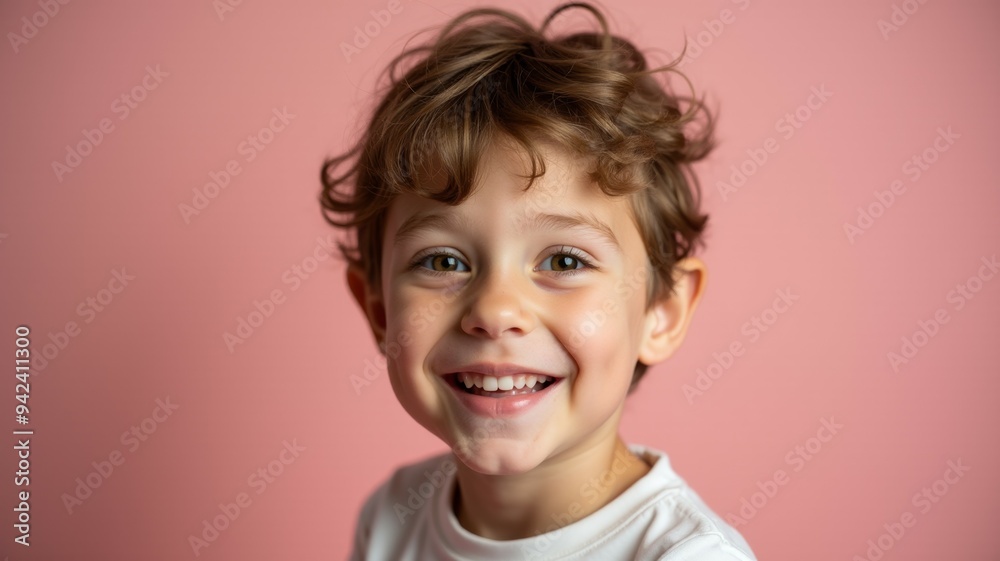 A young boy with brown hair and a white shirt is smiling at the camera A young boy with brown hair and a white shirt is smiling at the camera