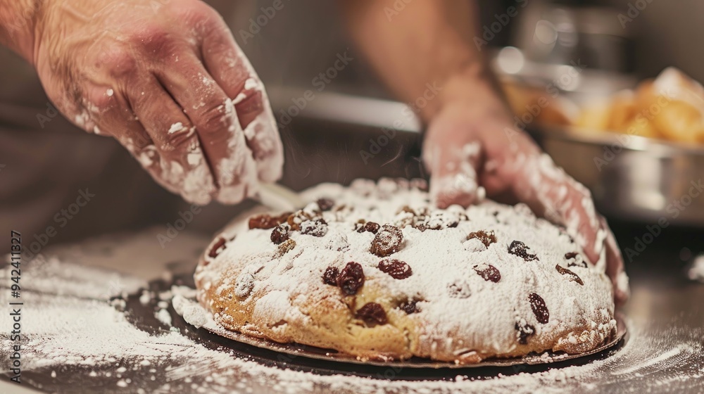 Cook making a raisin topped sweet cake Cook making a raisin topped sweet cake