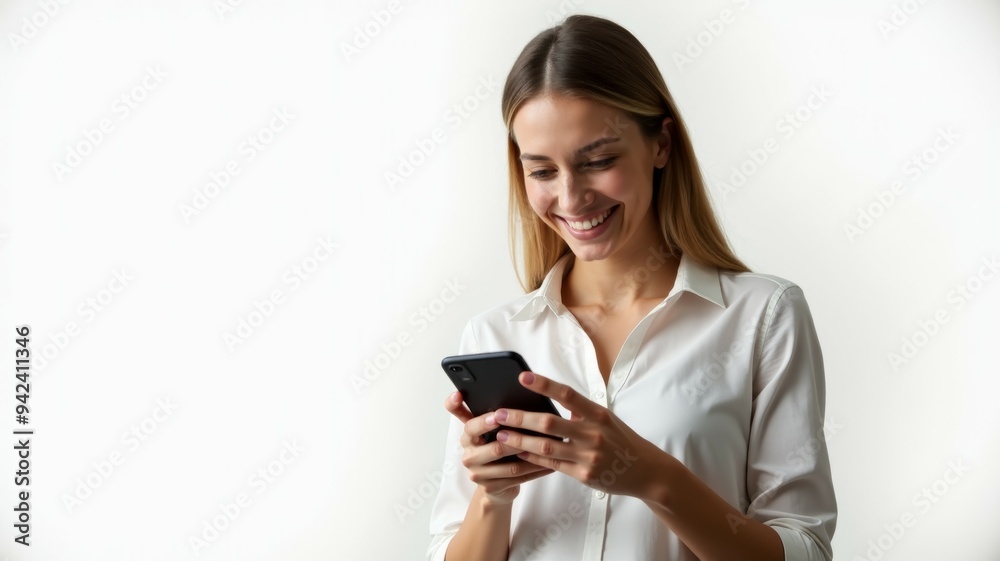 A woman is smiling while looking at her cell phone A woman is smiling while looking at her cell phone