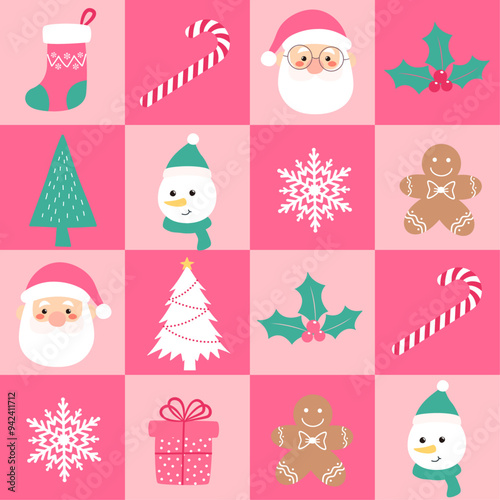 Seamless Geometric Christmas background with festive pattern. Christmas elements repeated check pattern background. Vector illustration for print.