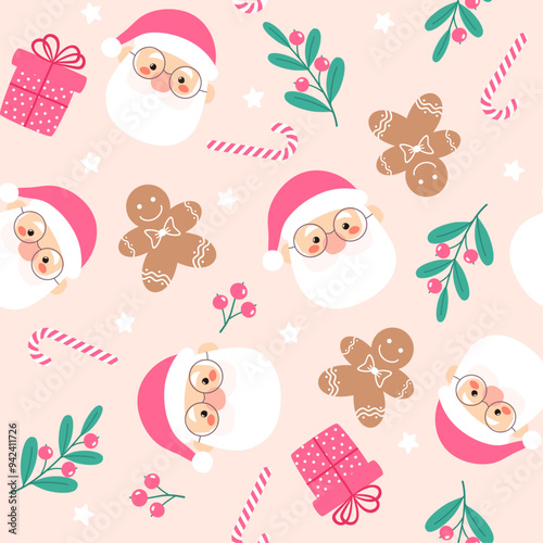 Seamless retro christmas pattern with cute Santa Claus and gingerbread. Vector design template. Happy New Year pattern. Season greeting.