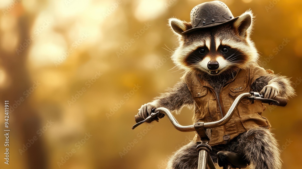 Raccoon Riding a Bicycle in Autumn Forest Raccoon Riding a Bicycle in Autumn Forest