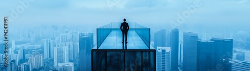 A silhouette of a person standing on a glass rooftop overlooking a cityscape.