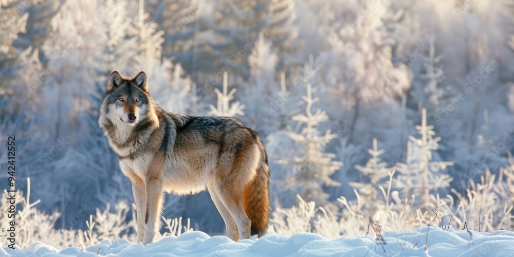 Naklejka premium Gray Wolf Canis lupus Positioned Before a Frozen Woodland During Winter in Captivity