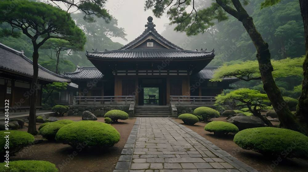 Fototapeta premium serene temple shrine green gardening stone path misty morning