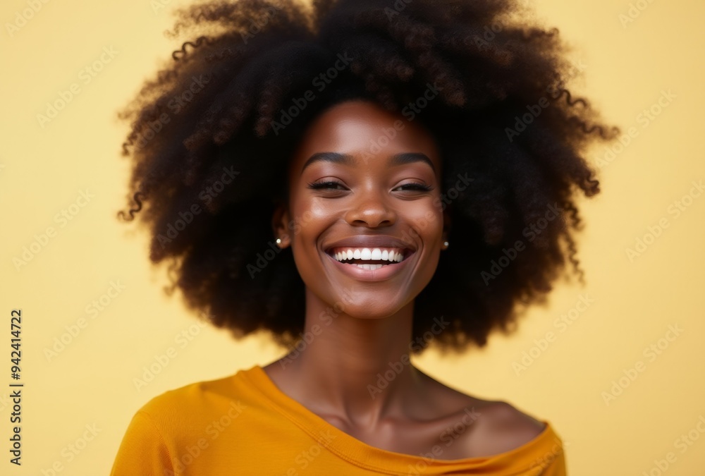 A woman with curly hair is smiling and wearing a yellow shirt A woman with curly hair is smiling and wearing a yellow shirt