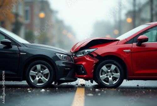 Two cars are in a collision on a rainy street